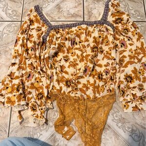 Free People Cream and Black Ruffled Top